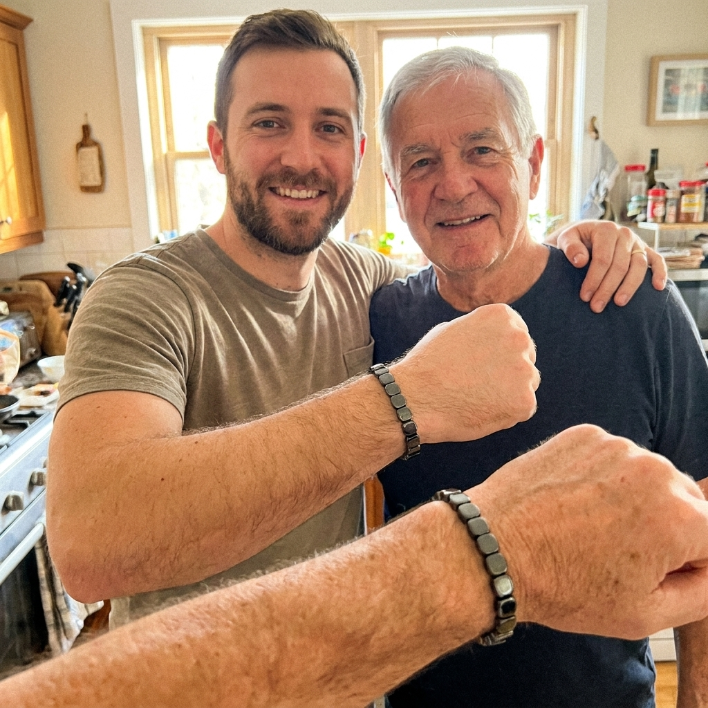 Liam B. with his dad both wearing the Hematite Band, Father's Day gift