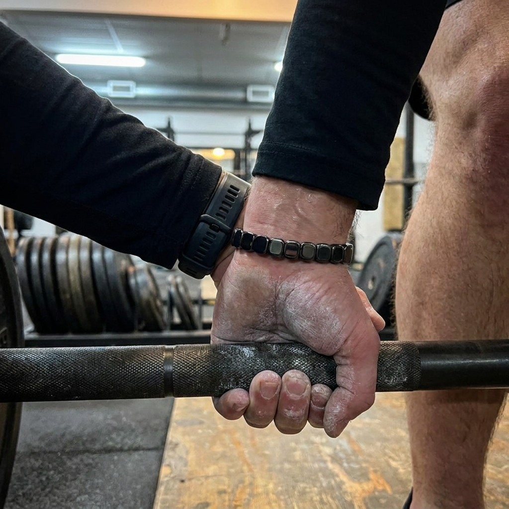 James R. wearing the Hematite Band at the gym