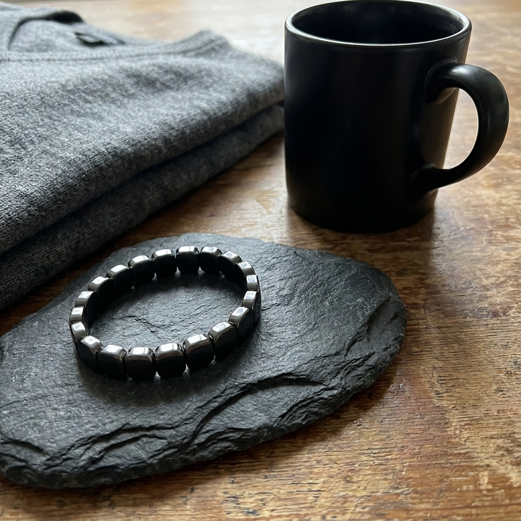 The Hematite Band resting on a cold stone surface