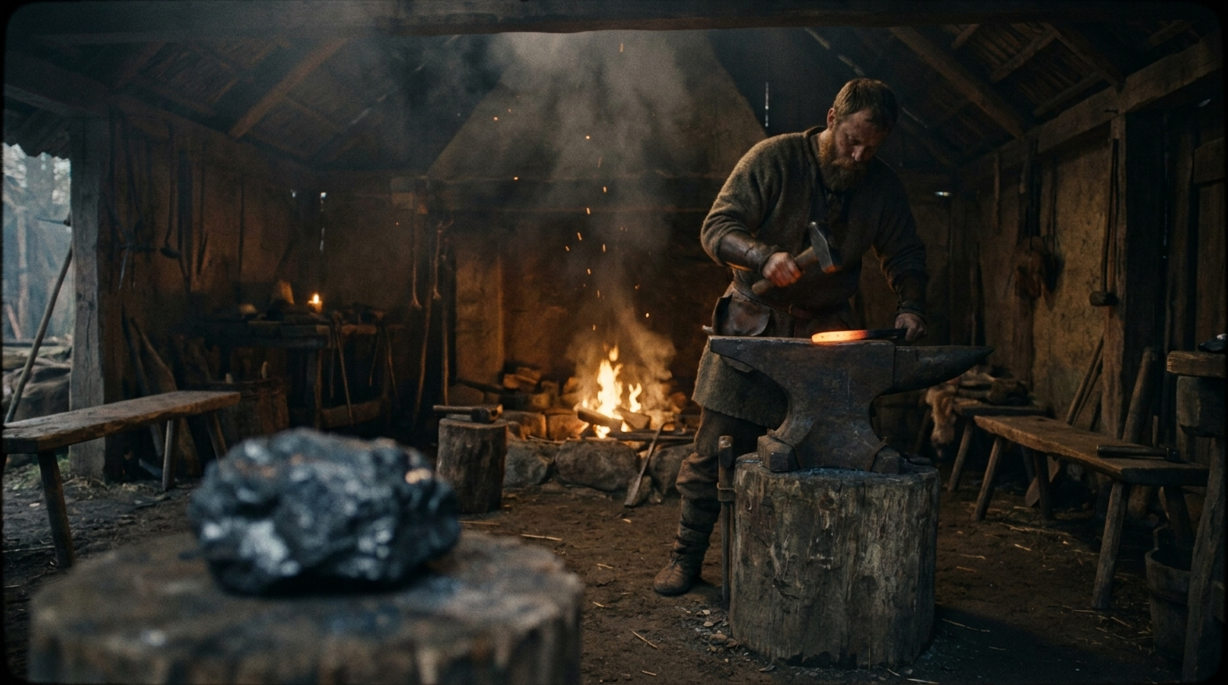 A Viking-era blacksmith's forge with glowing iron being smelted, the same stone that becomes the polished hematite band.