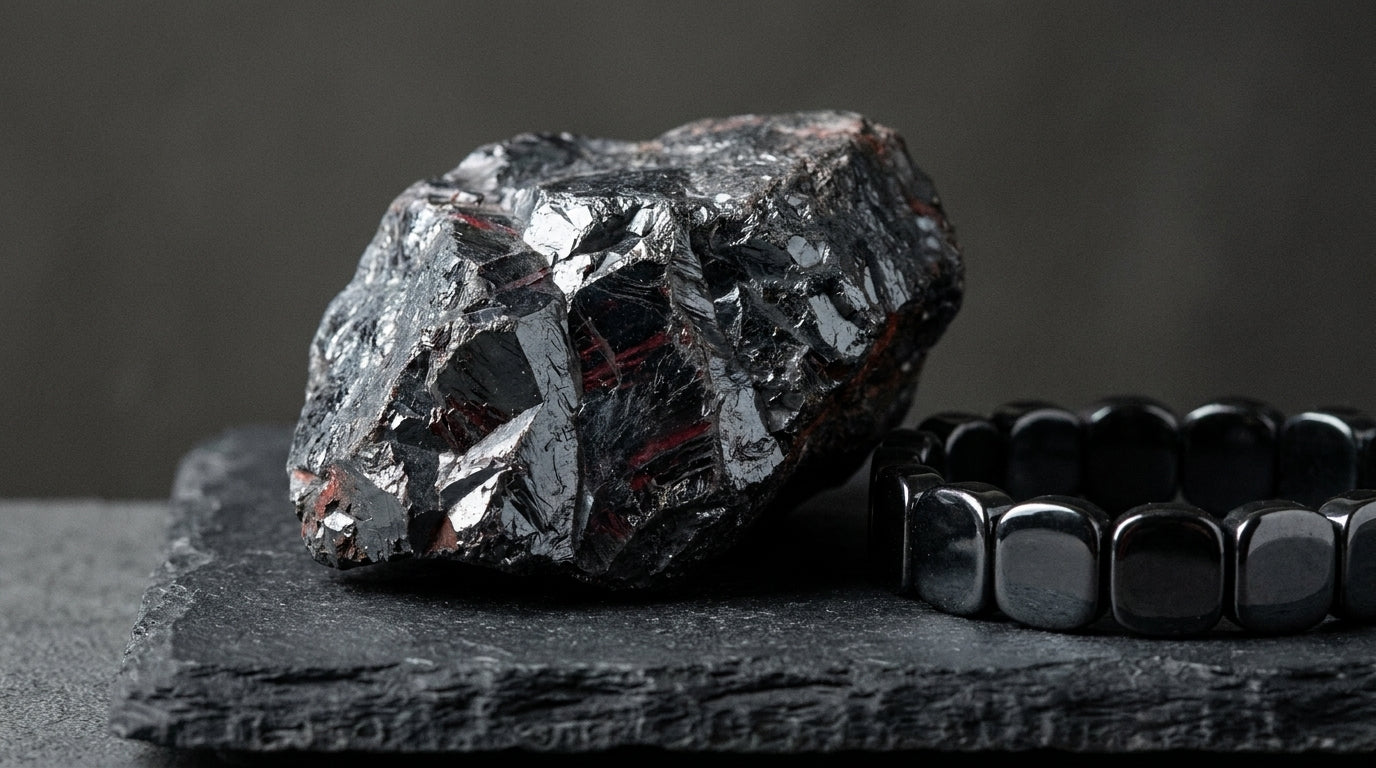 Close-up of raw hematite ore next to polished hematite beads, showing the stone's metallic-grey-black sheen.