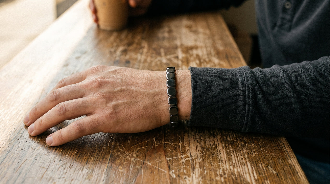 A man's wrist wearing the Hematite Band, resting on a worn wooden table.