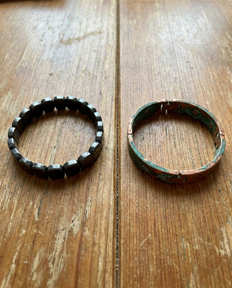Hematite Band versus a cheap plated magnetic bracelet: solid stone, no coating, real weight