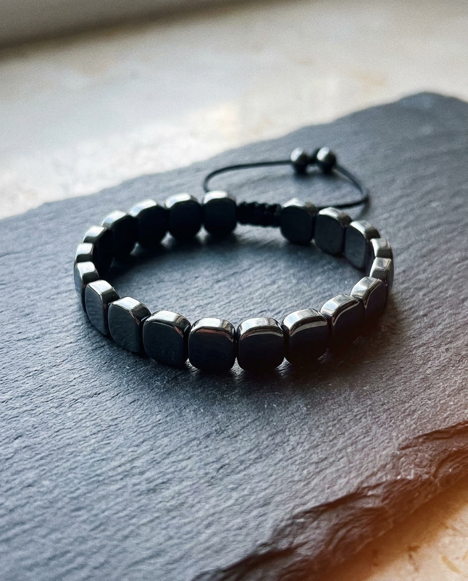 Hematite Band product hero, forged iron-rich bracelet on cold stone with 30-day guarantee badge